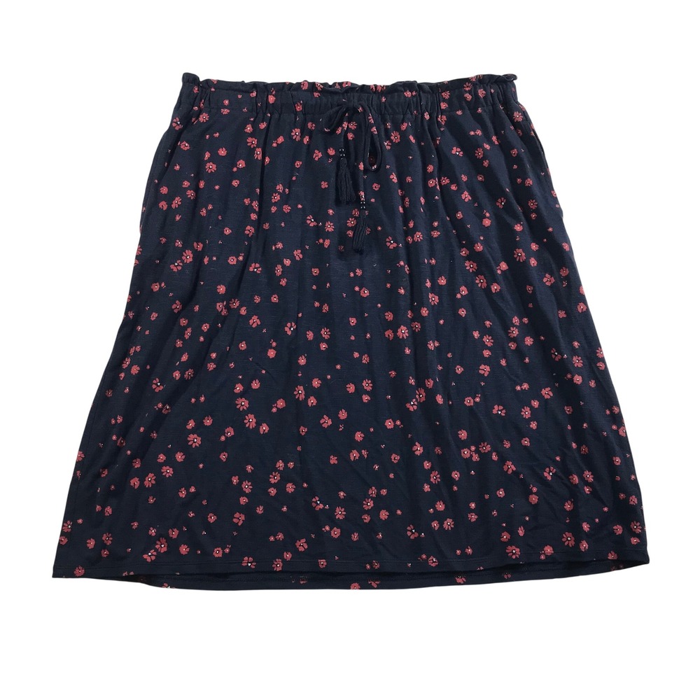 J. Jill Womens Navy Blue Coral Pink Floral Tassel Drawstring Knit Skirt Medium